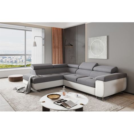 Ecksofa Sofa JADE Stoff Soft / Sawana Weiss-Grau mit Schlaffunktion Ottomane Links (1/2)