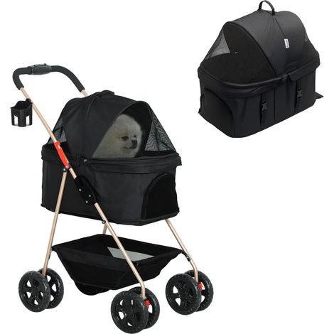 Passeggino per Cani 3 in 1 Pieghevole con Borsa Trasportino e Cestino Inferiore, Nero (1/5)