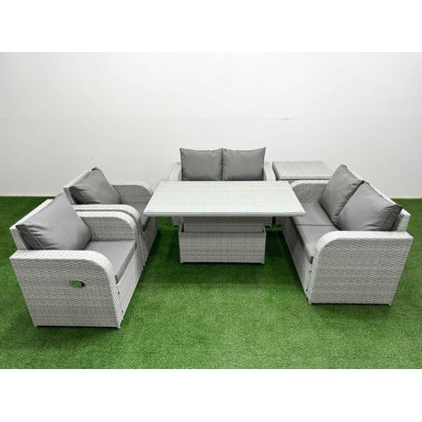 Fimous 6 Seater Outdoor Reclining Chair Love Sofa Set Rattan Garden Furniture Set with Adjustable Lifting Dining or Coffee Table Side Table Light Grey (1/5)