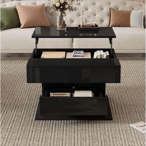 Table basse avec tiroir, réglable en hauteur, pivotante à 360°, 70 x 70 x 45 cm, noire HAVRYA (1/5)