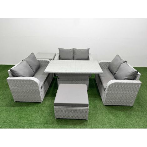 Fimous 7 Seater PE Wicker Rattan Furniture Sofa Sets with Adjustable Lifting Dining or Coffee Table 2 Seater Love Sofa Big Footstool Side Table Light Grey (1/5)