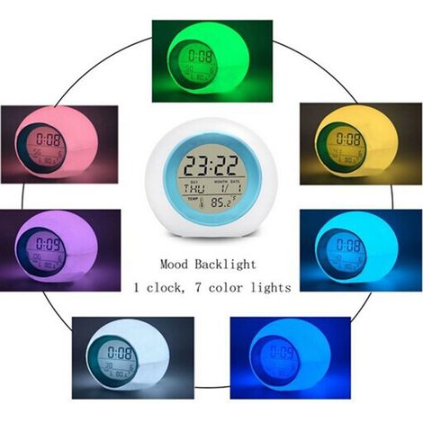 [JL-C018 Reloj despertador LED, despertador de 7 colores, ideal para conciliar el sueño, con indicador de temperatura ambiente, adecuado para padres que trabajan (azul claro)] (1/5)