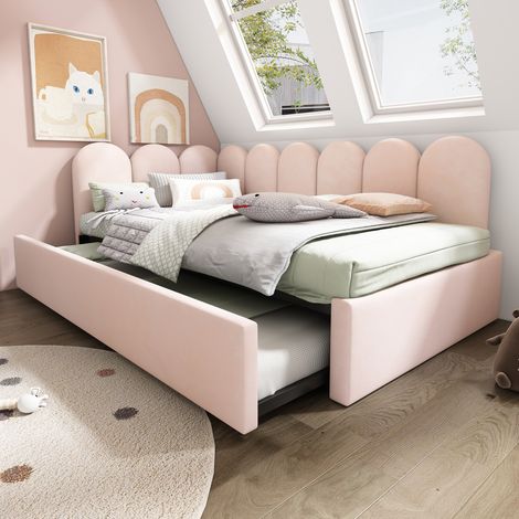 Lit gigogne rembourré 90x200 cm avec lit d'appoint 90x190 cm, banquette-lit enfant avec sommiers à lattes et roulettes, sans matelas, velours, beige (1/5)