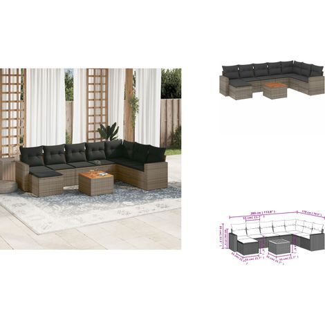 9-tlg. Garten-Sofagarnitur mit Kissen Grau Poly Rattan - Gartenmöbel Set - PE-Rattan Möbel - Outdoor Lounge - Esszimmergarnitur - Balkonmöbel (1/3)