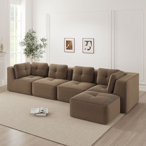 Canapé de salon modulaire sans ossature, canapé 4 places confortable avec assise profonde, coussins moelleux et revêtement en cord, pas de montage requis et avec design antidérapant, marron (1/5)