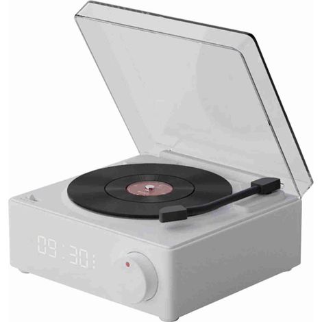 Réveil Bluetooth Vintage avec Platine Vinyle Tournante, Enceinte Stéréo 360° Sans Fil pour Bureau Chambre Blanc (1/5)