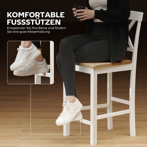 Lot de 2 tabourets de bar hauts avec dossier et repose-pieds, bois d'hévéa massif, style chêne et blanc, pour cuisine, salle à manger ou comptoir. (1/4)
