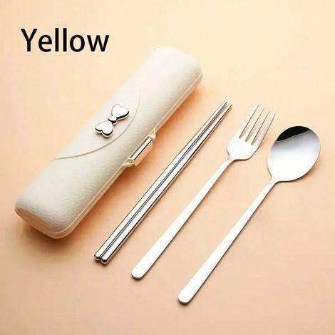 Set de couverts 3 pièces : fourchette, cuillère, baguettes en acier inoxydable avec boîte de rangement, portable, jaune, pour extérieur, voyage, camping et pique-nique (1/5)