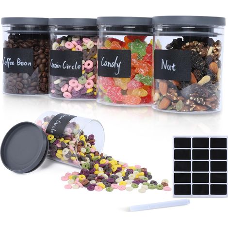 Bocaux en Verre Hermétique Lot de 4 Bocal en Verre avec Couvercle avec 1 Stylo Blanc et 15 Étiquettes Bocaux de Conservation Pour Céréales, Cornflakes, Spaghetti, Haricots, Épices (1/5)