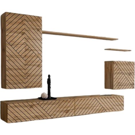 Ensemble meuble salon SWITCH II design, coloris chêne wotan. Finitions façades effet chêne fraisé.