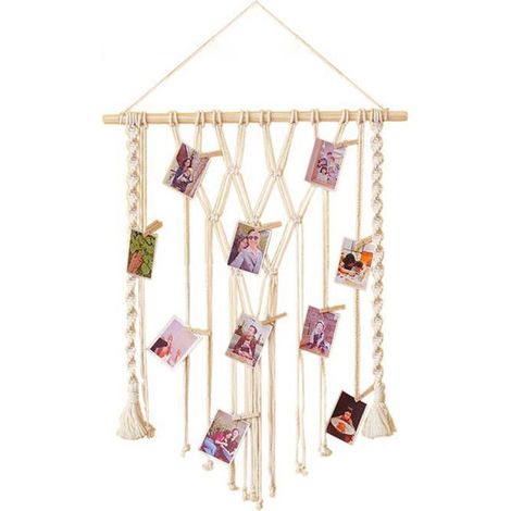 Tenture murale artisanale brodée - Toile décorative tissée main pour salon, chambre d’enfant ou salle des fêtes avec 10 clips bois et franges [5095] (1/4)