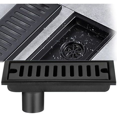 Siphon de sol rectangulaire, siphon de sol en acier inoxydable noir 20x10cm siphon de sol de douche avec double filtre adapté au drainage de la salle de bain des toilettes balcon de la cuisine (1/4)