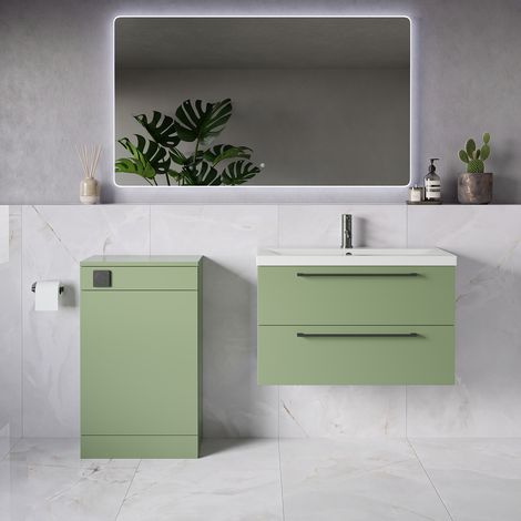 Napoli 390 Olive Green 1300mm Wall Mounted 2 Drawer Vanity Unit and Toilet Suite with Glide Basin - 1300mm - Gunmetal Grey 480mm HandleWithout Kingston Toilet Pan
