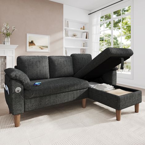 Canapé d'angle 3 places 181x125x88 cm, méridienne réversible avec coffre, ressorts ensachés, USB et USB-C, poches latérales, Chenille Gris (1/5)