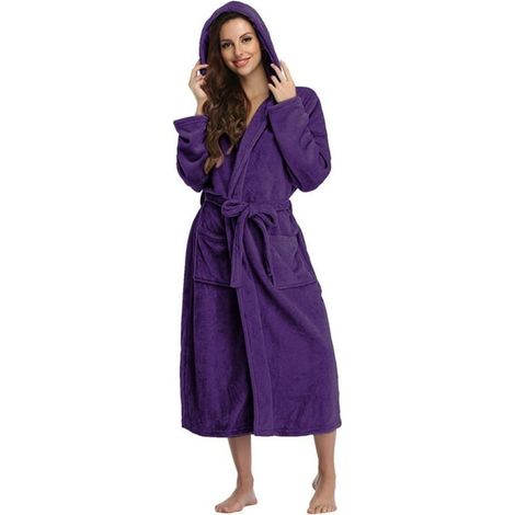 1 peignoir long pour femme, violet, taille L, ceinture ajustable, en tissu doux et confortable, pour usage intérieur (1/5)
