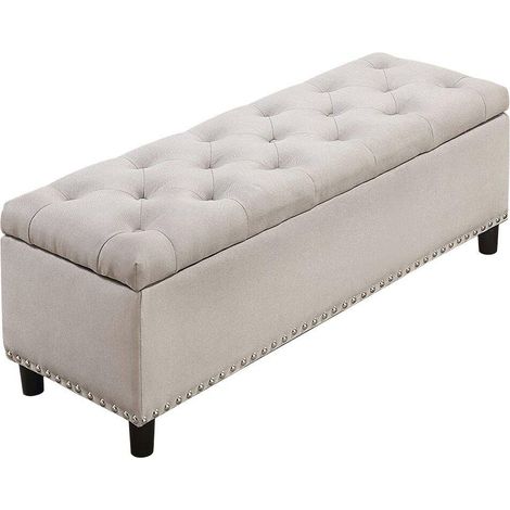 Cassapanca Pouf Contenitore Panca Sgabello Poggiapiedi Legno e Tessuto Beige (1/5)