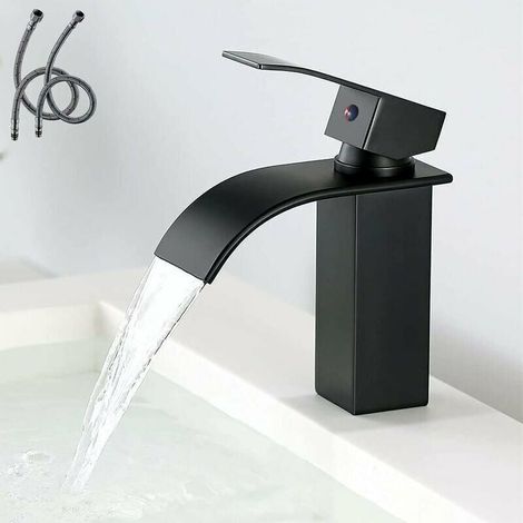 Modern single basin faucet, black waterfall basin faucet, elegant bathroom faucet design, brass bathroom mixer tap, hot and cold water available, black MUMU (1/4)