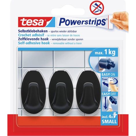 tesa Black Hooks S Ganci adesivi Powerstrips Small Oval (L x A) 14 mm x 34 mm Nero Contenuto: 3 pz. (1/4)