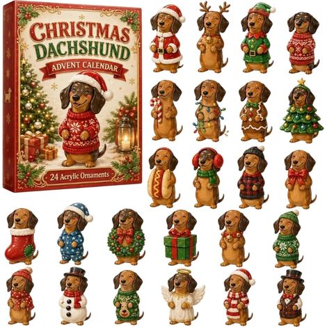 Dackel-Adventskalender 2026 – 24-teilig – braun, rot, grün, weiß – Acryl – 28 x 20 cm – Dackel-Weihnachtsbaumschmuck-Set – Weihnachtsbaumschmuck – geeignet für Weihnachten und als Dekoration für den W (1/5)