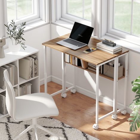 Bureau pliant étagère roulettes poche rangement petits espaces blanc/naturel 80x50x75 cm