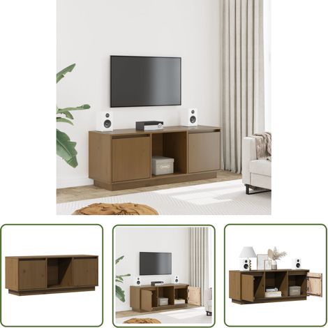The Living Store Meuble TV Marron miel 110,5x35x44 cm Bois de pin massif - Meubles Tv - Meuble Tv Design - Meuble Tv Bois - Meuble Tv Avec Étagères - Bureau Tv (1/5)