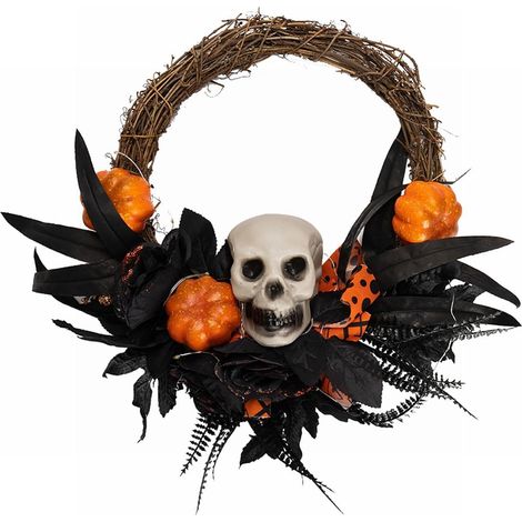 Guirlande Halloween - Guirlande Porte 40 Cm avec Crâne et Citrouille - Décoration Intérieure Extérieure pour Porche Fenêtre - 1 Pièce (1/5)