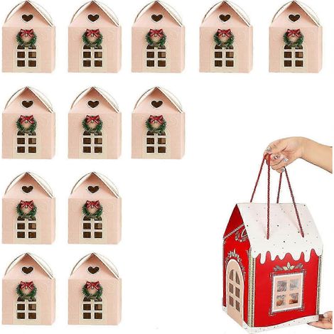 Lot de 12 grandes boîtes cadeaux de Noël enchantées, en forme de maisonnette, avec poignée, pour emballer des bonbons et autres gourmandises. Rose. (1/5)