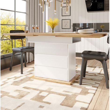 Mesa de comedor extensible 110-140/80/75 cm en blanco y natural con almacenaje integrado (1/5)