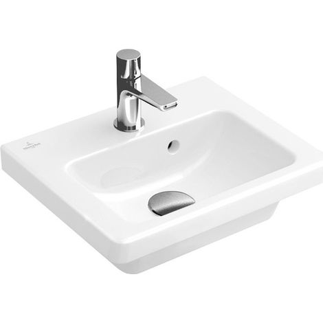 Lave-mains, 370 x 305 mm, Rectangulaire, pour robinetterie monotrou , troude robinetterie percé,avec trop-plein, En porcelaine sanitaire Blanc