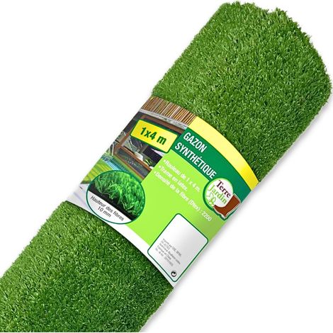 Terre Jardin – Gazon synthétique 1 m x 4 m – Haute densité 2200 Dtex – Surface 4 m² – Hauteur des fibres 10 mm – Pour espaces extérieurs