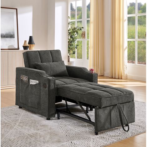 Fauteuil convertible 190x85x86 cm gris foncé, dossier 3 positions, tissu et bois, ports USB, MEUBLIV (1/5)