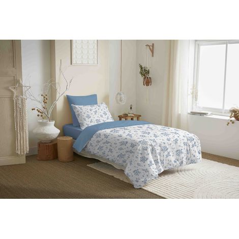 Pack complet housse de couette réversible "Vanessa" 4 pièces pour lit 90 x 190 Louise Bleu