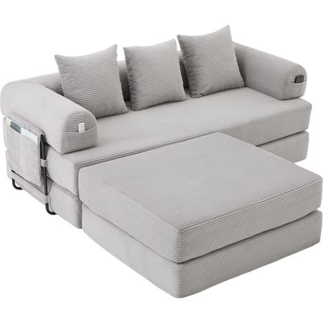 Divano modulare in velluto a coste, pouf, metallo, 3 cuscini, tasca laterale, grigio chiaro (1/5)