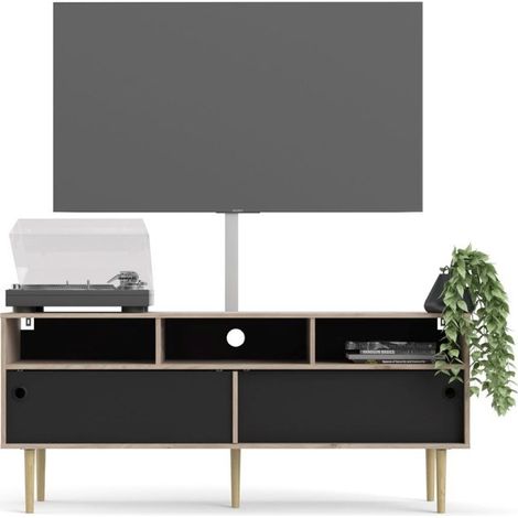 Mobile soggiorno porta tv con due ante scorrevoli e tre vani nero opaco e rovere 147 cm - Luna