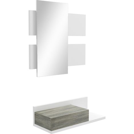 Mobile da Ingresso 2 in 1 con Specchio da Parete 75x3.5x75 cm e Cassetto 75x30.5x20 cm, Grigio e Bianco