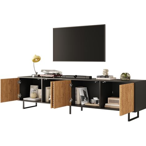 Mobile TV con 4 Ante, per TV fino a 80 Pollici, in Pannello di Particelle e Metallo, Nero e Legno Naturale, 180×40×50 cm (1/5)