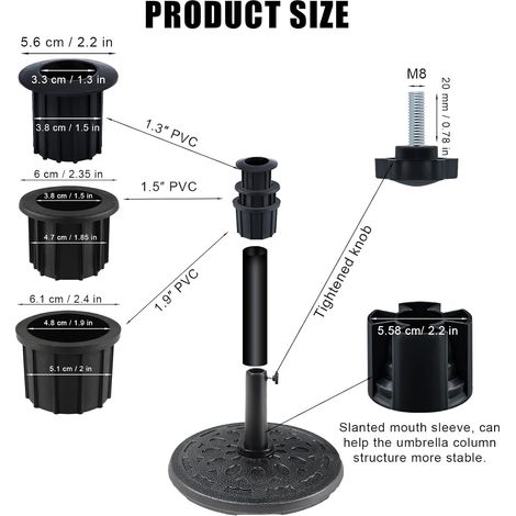 Juego de 6 piezas para soporte de sombrilla, accesorios para base de sombrilla con cable de ajuste y botón negro, accesorios para sombrilla de patio para mesa de patio, balcón, jardín (negro) (1/4)
