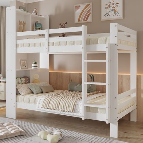 Etagenbett modern aus Holz Weiß 90x200 cm mit Kopfteil-Regalen, rechtwinkliger 3-Stufen-Leiter und Lattenrosten (1/5)
