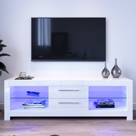 ELEGANT Modern High Gloss TV Stand Cabinet with LED Light Living Room Bedroom Furniture Television Unit TV Cabinet for Media Storage 1600mm White TV cabinet
