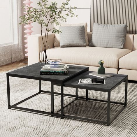 2 Modern Vein Coffee Nesting Table Set Side End Table Anti Scratch Marble Square for Living Room Bedroom Office, Black