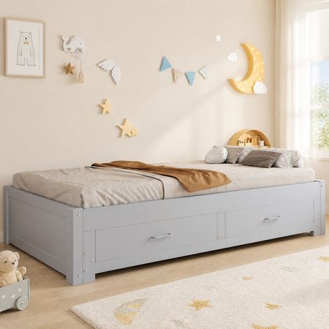 Cama nido extensible de madera gris 90/180 x 190 cm con 2 cajones y somier de láminas (1/5)