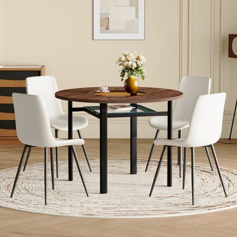 Set tavolo rotondo 100 cm con 4 sedie in PU bianco, effetto legno marrone (1/5)