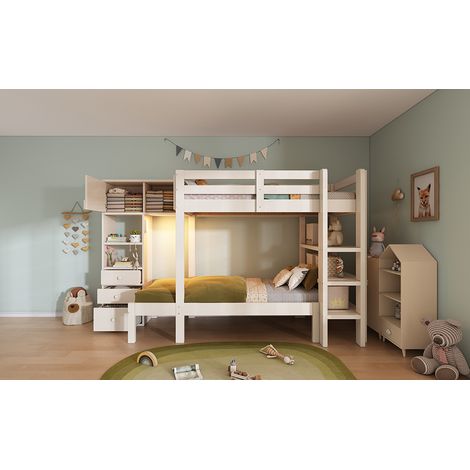 Litera de madera y metal blanca 90x200 cm con armario, estanterías, cajones y luz nocturna LED (1/5)