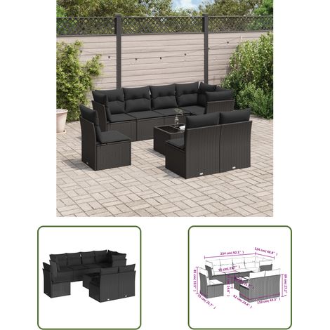 The Living Store 9-tlg. Garten-Sofagarnitur mit Kissen Schwarz Poly Rattan - Gartenmöbel - Esstischset - Outdoor Möbel - Lounge Set - Rattan Sofa (1/3)