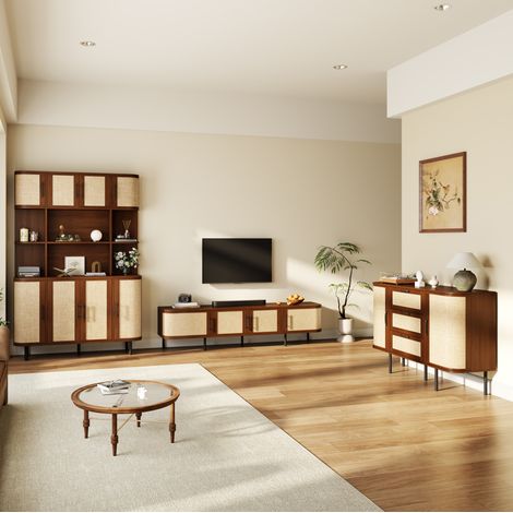 Conjunto de salón con mueble TV, aparador y armario alto de MDF efecto nogal (1/5)