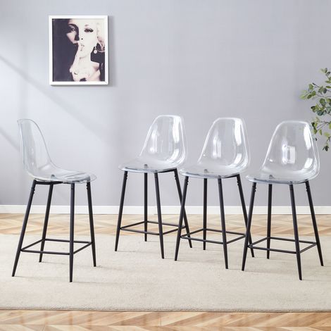 Ensemble de 4 tabourets de bar transparents, avec structure en métal argenté/doré/noir, chaises au design moderne pour la cuisine, le bar ou la salle à manger (chaises uniquement, table non incluse) (1/4)