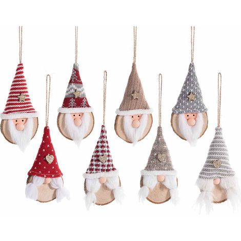Addobbo a gnometto in legno con cappello in stoffa da appendere all'albero di Natale, set da 16 pezzi, cm 7 x 14 H