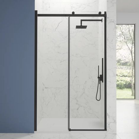 Porta Doccia Scorrevole per Nicchia 110cm Profili in Alluminio Nero Opaco Vetro 8mm Trasparente h195 con Trattamento Easy-clean - Reversibile Mod. Creta