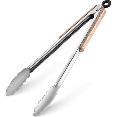 Pinces De Cuisine - Bois De Hêtre - Acier Inoxydable - Silicone Résistant À La Chaleur Jusqu'à 220 °C - Pour Saisir Aliments - Lot De 1