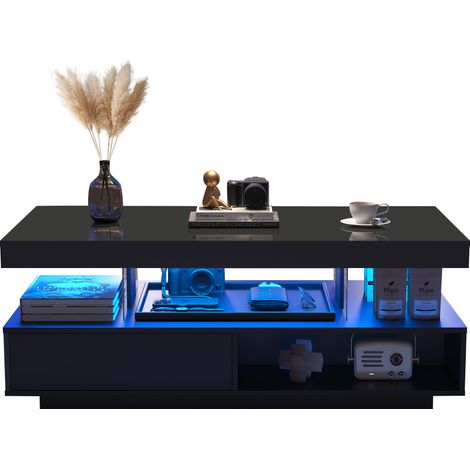 Table basse noire haute brillance avec 4 inserts en verre, 2 tiroirs et 2 niches ouvertes, 95 × 50 × 42,5 cm, éclairage LED piloté par app CHICFURN (1/5)